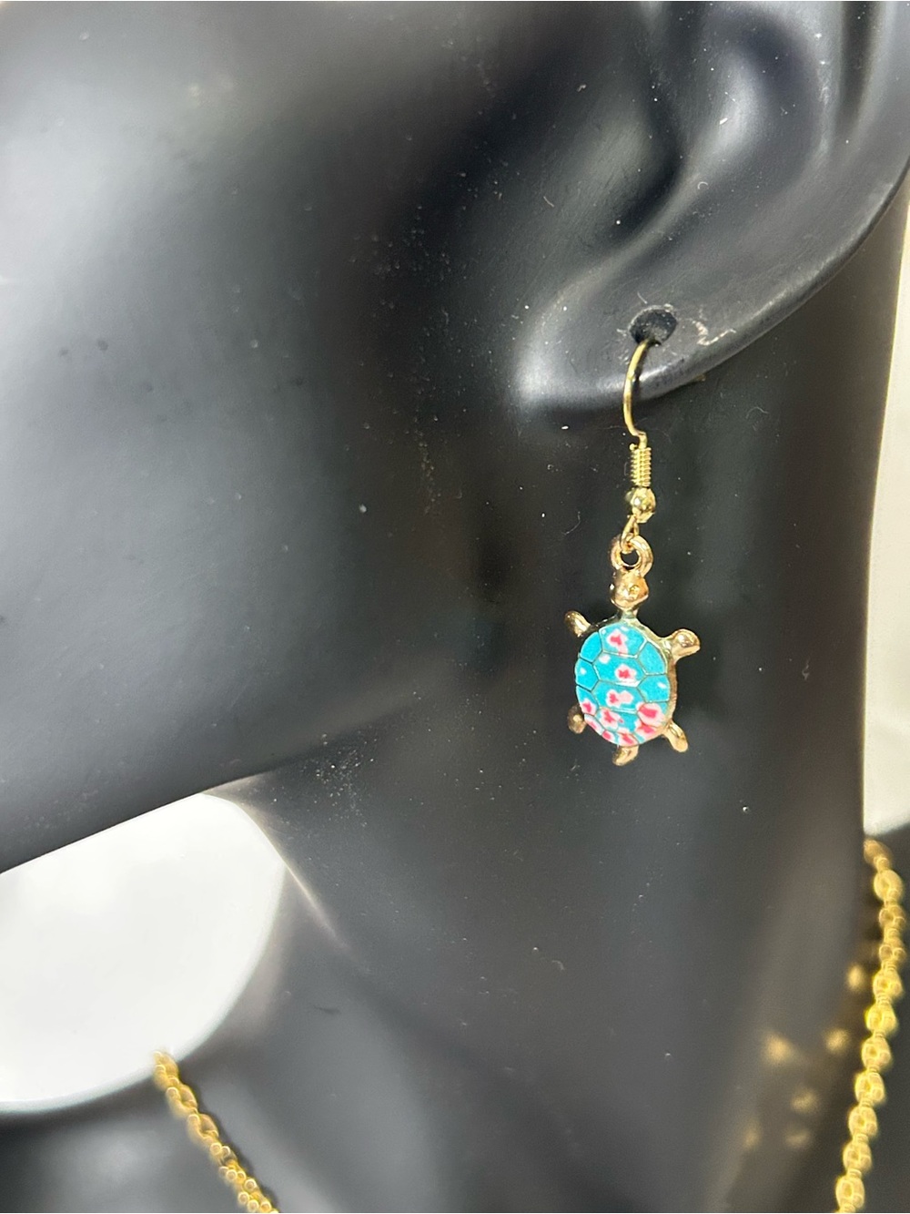 Adorable Enamel Gold Tone Turtle Wire Earrings . Measures 2”
